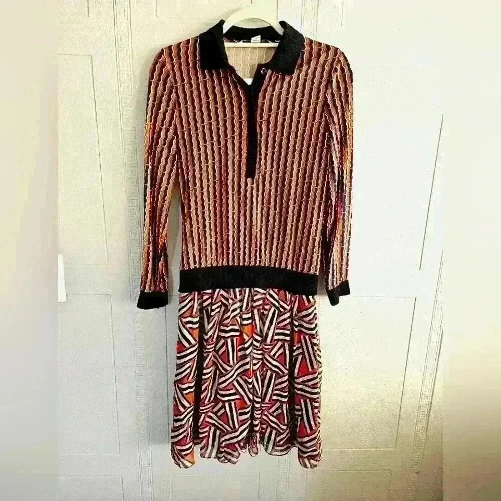 Diane Von Furstenberg Silk Knit Long Sleeve Navy Orange Cream Midi Dress Sz 4